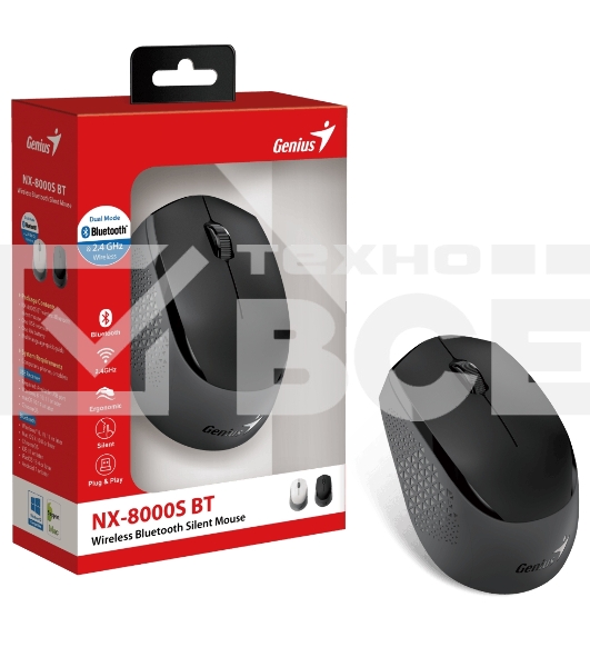 Мышь беспроводная Genius NX-8000S BT черный, 1200 dpi, радиоканал, Bluetooth, USB, кнопки - 3