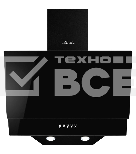 Наклонная вытяжка Monsher ROUEN 50 Noir Verre, ширина 50 см, отвод/рециркуляция, 700 м3/час, механическое кнопочное управление, 3 скорости, светодиодное освещение 2*1 Вт, металлические жироулавливающие фильтры, угольный фильтр KFM 101 (опция), цвет: чёрны