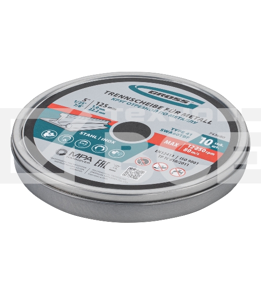 Круг отрезной по металлу Gross WA60TBF 125х1.0х22.2мм, в метал.банке, 10 шт. 743680