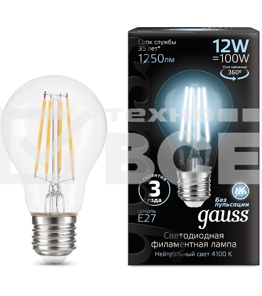 Лампа Gauss Filament А60 12W 1250lm 4100К Е27 LED 1/10/40