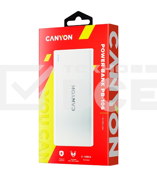 Портативный аккумулятор CANYON PB-106 Power bank 10000mAh Li-poly battery, Input 5V/2A, Output 5V/2.1A(Max), USB cable length 0.3m, 140*68*16mm, 0.24Kg, White