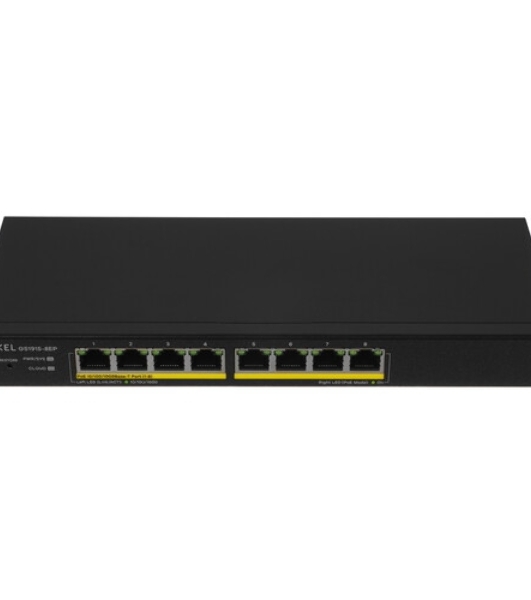 Коммутатор гибридный Smart L2 PoE+ Zyxel NebulaFlex GS1915-8EP, 8xGE PoE+, бесшумный (без вентилятора), бюджет PoE 60 Вт, автономное/облачное управление