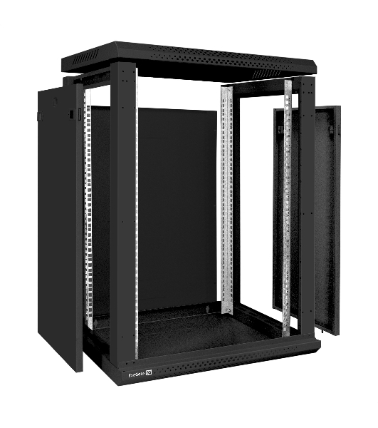 Шкаф телекоммуникационный 19' настенный 15U ExeGate EC-WM-15U.450.M.BLACK (19”, 15U, 600x450x769mm (ШхГхВ), передняя дверь металл, съемные боковые панели, пыле- и влагозащита IP23, черный RAL 9004, 2 коробки)