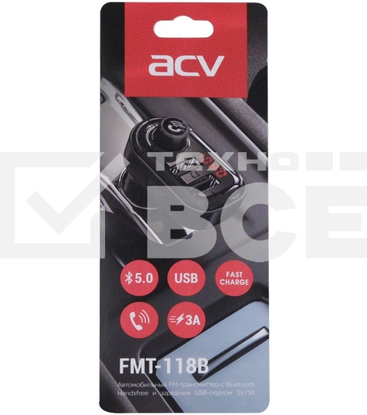 Автомобильный FM-модулятор ACV FMT-118B черный MicroSD BT USB (37399)