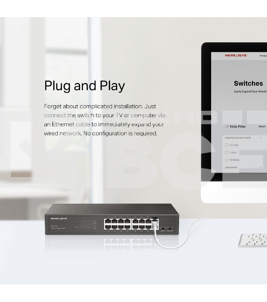 Коммутатор Mercusys MS116GS с 16 гигабитными портами для размещения на столе или в стойке