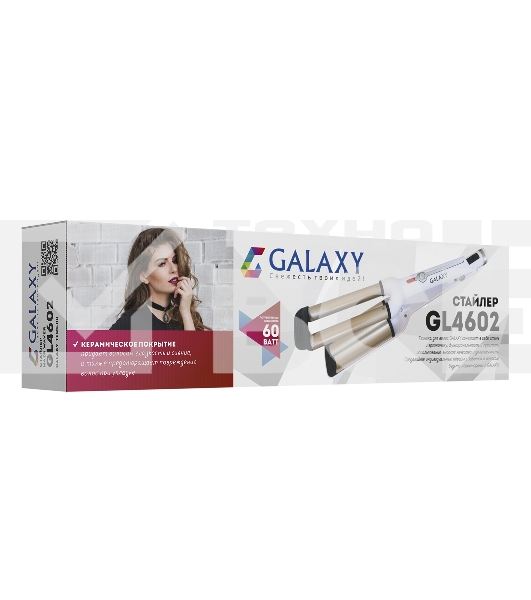 Стайлер GALAXY GL 4602 (Мощность 40Вт, максимальная температура 200^(o)С, нагревательный элемент с защитой от перегрева, два нагревательных элемента диаметром 16 мм, керамическое покрытие рабочих поверхностей, индикатор работы, вращающийся на 360^(o) град