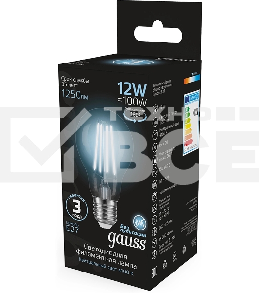 Лампа Gauss Filament А60 12W 1250lm 4100К Е27 LED 1/10/40