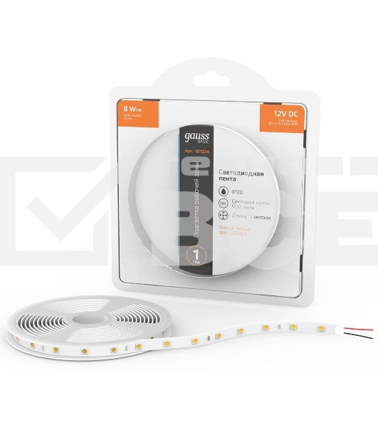 Лента Basic 12V 8W/m 900lm/m 3000K IP20 LED 5m 1/100