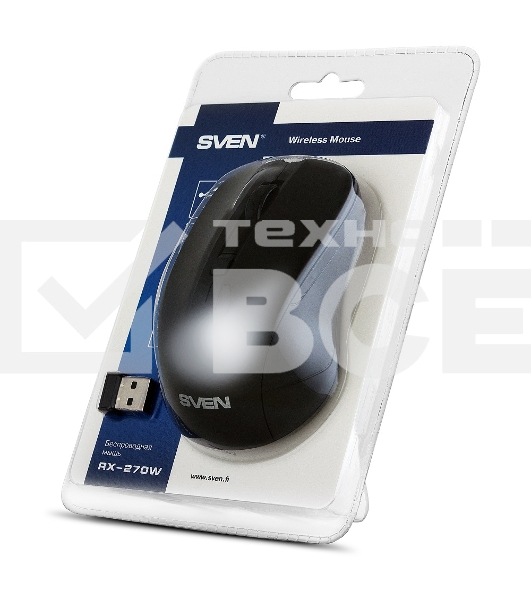 Мышь беспроводная SVEN RX-270W черный, 1600 dpi, радиоканал, USB, кнопки - 4