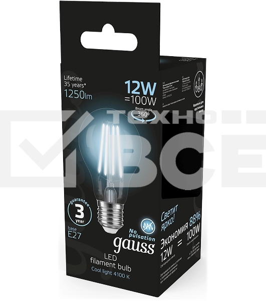 Лампа Gauss Filament А60 12W 1250lm 4100К Е27 LED 1/10/40
