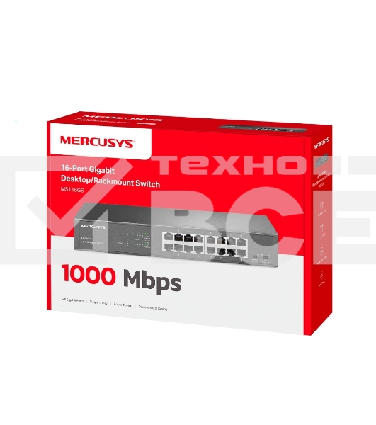 Коммутатор Mercusys MS116GS с 16 гигабитными портами для размещения на столе или в стойке