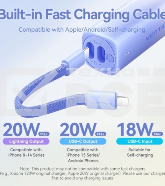 Портативный аккумулятор Vention Power Bank 5000mAh(USB-C + Lightning) 20W Серо-белый, шт.