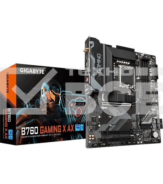 Материнская плата Gigabyte B760 GAMING X AX, LGA 1700, Intel B760, 4xDDR5, 4xSATA, 3xM.2, 1xPCI-E 4.0 x16, 2xPCI-E 3.0 x1, 1xHDMI, 1xDP, 1x 2.5Gb LAN, 1xUSB 3.2 Gen 2, 1xUSB 3.2 Gen 1, 5xUSB-A 2.0, 6x3.5 мм, 7.1, ATX