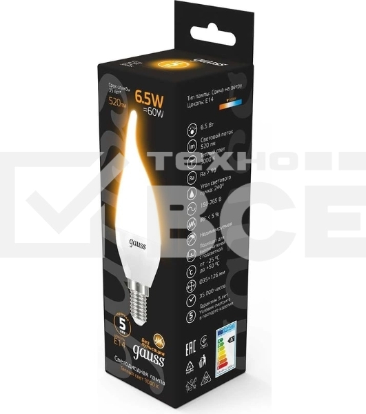 Лампа светодиодная GAUSS 104101107LED Candle tailed E14 6.5W 2700K