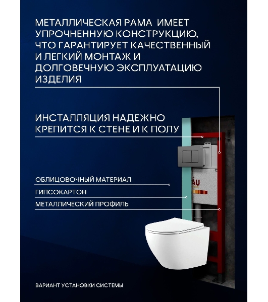 Комплект BAU 6 в 1: инсталляция BAU PRO, унитаз подвесной Rio Luxe 52*35, сиденье микролифт, кнопка смыва BAU Stil Gun Grey, антивандальная, нержавеющая сталь темно-серый металлик