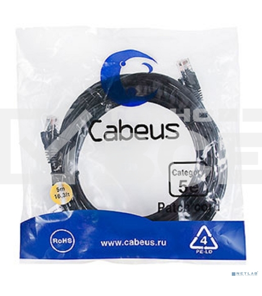Шнур комм. Cabeus, Cat.5e, неэкр., U/UTP, RJ45/RJ45, PVC, AWG24, 5м, черный
