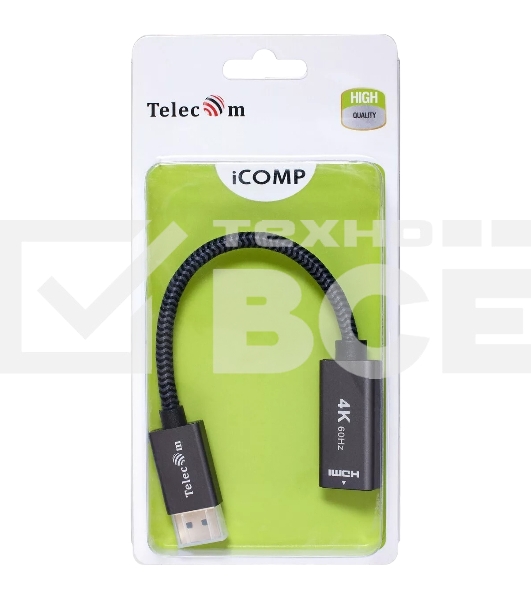 Кабель-переходник DP --> HDMI-F 0.2m , серый металлик, оплетка, 4K@60Hz, Telecom (TA560)
