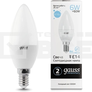 Лампа светодиодная LED Elementary Candle 6Вт E14 6500К Gauss 33136