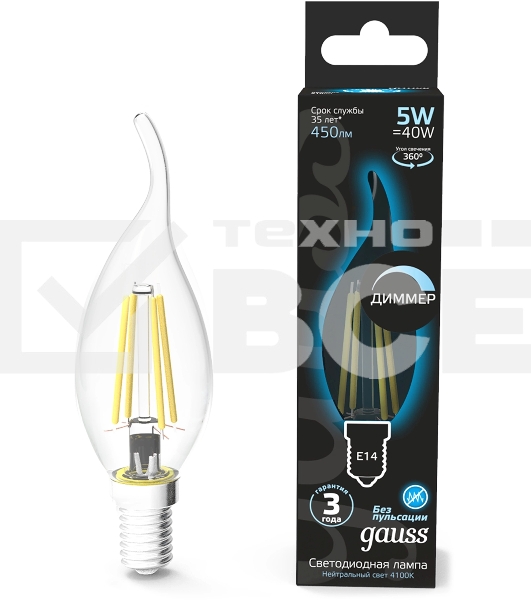 Лампа филам. Gauss Filament 5Вт цок.:E14 свеча 220B св.свеч.бел.нейт. (упак.:10шт) (104801205-D)