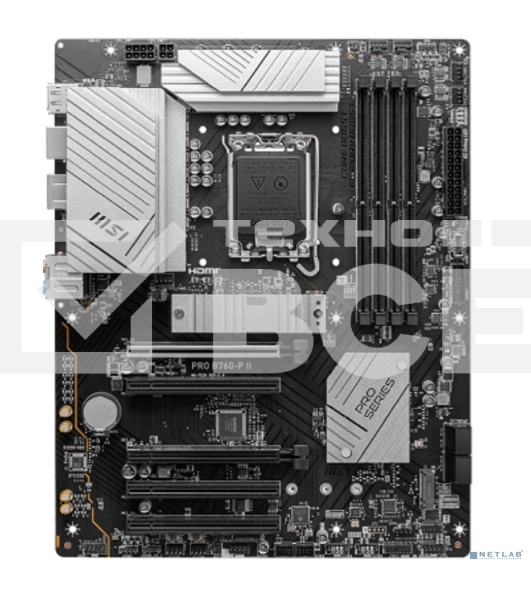Материнская плата MSI PRO B760-P II, LGA 1700, Intel B760, 4xDDR5, 4xSATA, 2xM.2, 1xPCI-E 4.0 x16, 1xPCI-E 4.0 x4, 3xPCI-E 3.0 x1, 1xHDMI, 1xDP, 1xRJ45 2.5Gb, 1xUSB-C 3.2 Gen 2, 2xUSB-A 3.2 Gen 1, 2xUSB-A 2.0, 5x3.5мм, TOSLINK, 7.1, Standard-ATX
