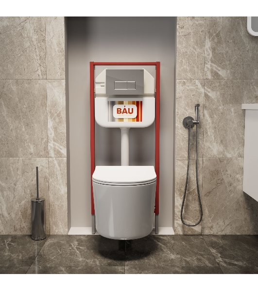 Комплект BAU 6 в 1: рамная инсталляция BAU NEO 45, унитаз подвесной безободковый Bau Hotel PRO, быстросъемное сиденье микролифт, кнопка смыва BAU Hotel , хром