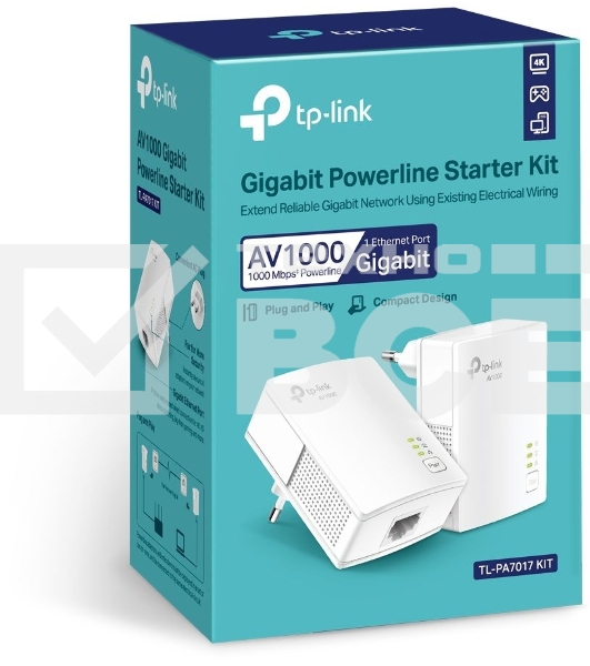 Сетевой адаптер TP-Link AV1000 Gigabit Powerline Starter KitSPEED: 1000 Mbps PowerlineSPEC: Broadcom CPU, HomePlug AV2, 1+1 Gigabit PortFEATURE: Plug and Play, tpPLC Utility, Pair for More SecurityKIT: 2× TL-PA7017'