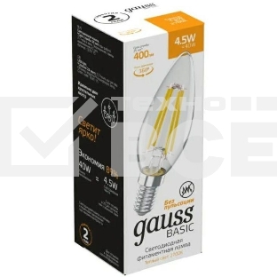 Лампа светодиодная Gauss Basic 1031115 4.5Вт цок.:E14 свеча 220B 2700K св.свеч.бел.теп. (упак.:10шт)