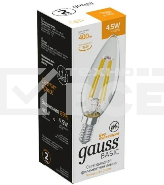 Лампа светодиодная Gauss Basic 1031115 4.5Вт цок.:E14 свеча 220B 2700K св.свеч.бел.теп. (упак.:10шт)