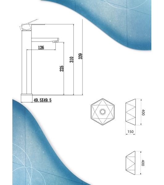 Раковина накладная со смесителем (на столешницу BAU Crystal 40х40, белая + смеситель высокий Hotel Black, черный)
