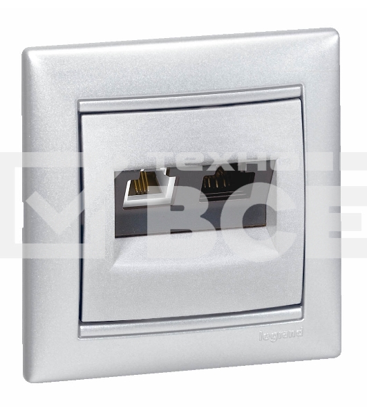 Valena Розетка двойная RJ45 кат.6е UTP + RJ11, алюм. Valena Розетка двойная RJ45 кат.6е UTP + RJ11, алюм.