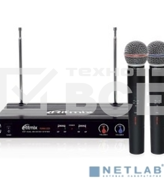 Комплект микрофонов RITMIX RWM-221 черный 87,5 - 92МГц, рабочий диапазон 60м, 2 микрофона в комплекте, динамический, однонаправленный, 40-20000Гц, 600Ом, 60дБ, переключатель Вкл/Выкл