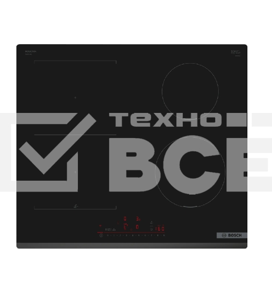 Индукционная варочная поверхность Bosch PVS631HC1E, стеклокерамика, дизайн со скошенным фронтом, черная, ширина 60 см, 4 конфорки, конфорки слева можно объединить в CombiZone, управление TouchSelect, функция PowerBoost, распознавание иналичия посуды, тайм