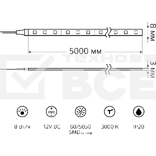 Лента Basic 12V 8W/m 900lm/m 3000K IP20 LED 5m 1/100