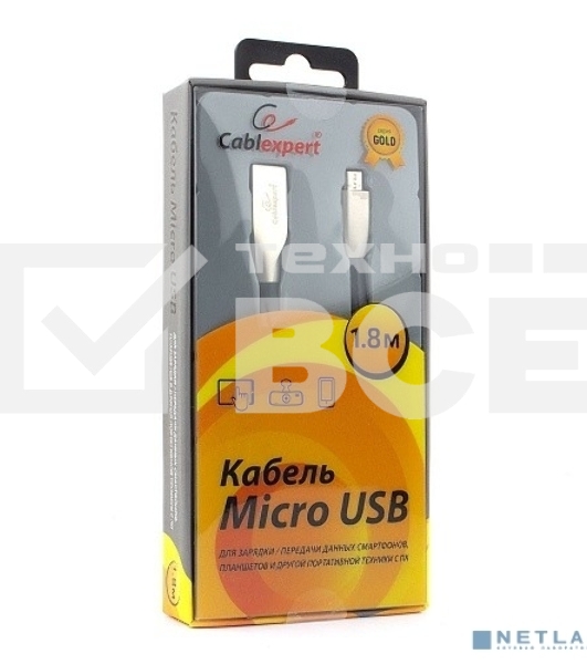Кабель USB 2.0 Cablexpert CC-G-mUSB01Bk-1.8M, AM/microB, серия Gold, длина 1.8м, черный, блистер