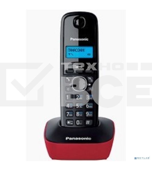 Телефон беспроводной (DECT) Panasonic KX-TG1611RUR (красный) АОН, Caller ID,12 мелодий звонка,подсветка дисплея,поиск трубки