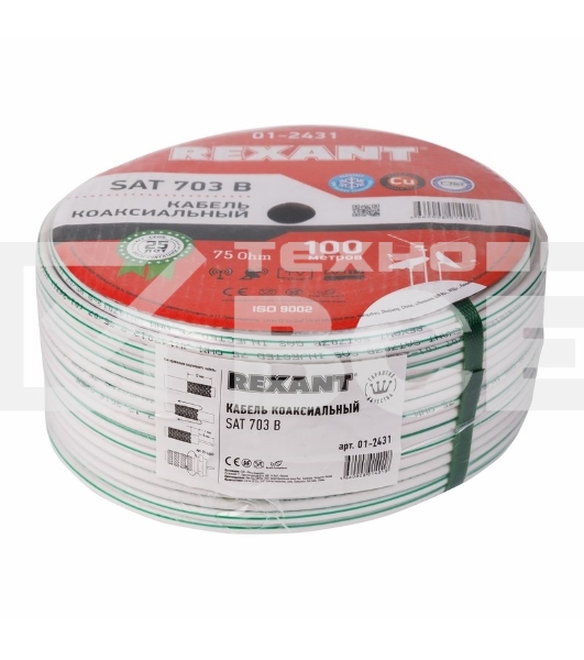 Кабель коаксиальный Rexant SAT 703 B, Cu/Al/Cu, 75%, 75 Ом, бухта 100 м, белый