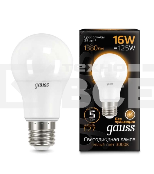 Лампа светодиодная Gauss LED A60 16W E27 1380lm 3000K 1/10/50 102502116