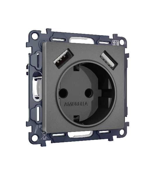 Комплект механизма электрической розетки ALFA Антрацит серый 2USB A+A 18W (быстрая зарядка) с/з QUANT (AP6590, VM155) MA659010