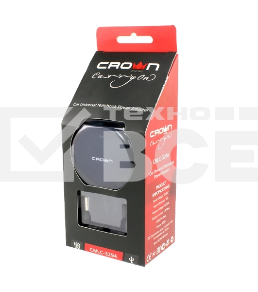 Зарядное устройство для ноутбука CROWN USB CMLC-3294 черный (Автомобильное 12V, 90W 15-20V, порт USB 5V 2.1A)