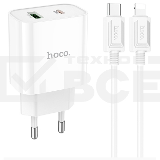 Блок питания (сетевой адаптер) HOCO C80A Plus с кабелем Type-C-Lightning, QC3.0, 20W, белый