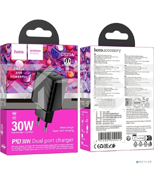Сетевое зарядное устройство Hoco 30Вт, 3А, QC3.0/PD, 1хUSB, 1хType-C, CS23A, черный, коробка