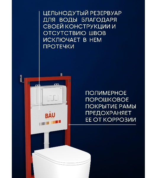 Инсталляция с унитазом комплект BAU PRO 6 в 1: унитаз подвесной безободковый торнадо Bau Hotel 53х36, быстросъемное сиденье микролифт, кнопка смыва BAU Hotel, белый глянец