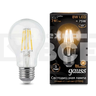 Лампа светодиодная Filament A60 E27 8Вт 2700К GAUSS 102802108
