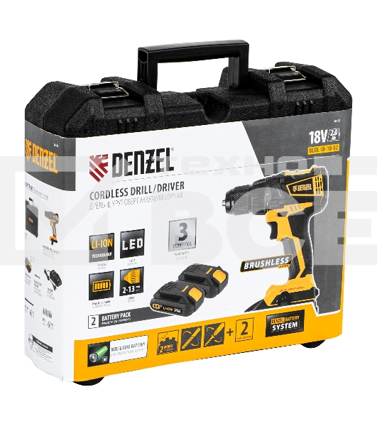 Дрель-шуруповерт аккумуляторная Denzel BLDL-IB-18-02, 18В, 2 АКБ, Кейс