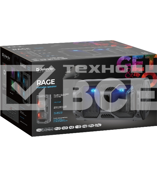 Портативная акустика Defender Rage 50 Вт Light/BT/FM/USB/LED/TWS черный