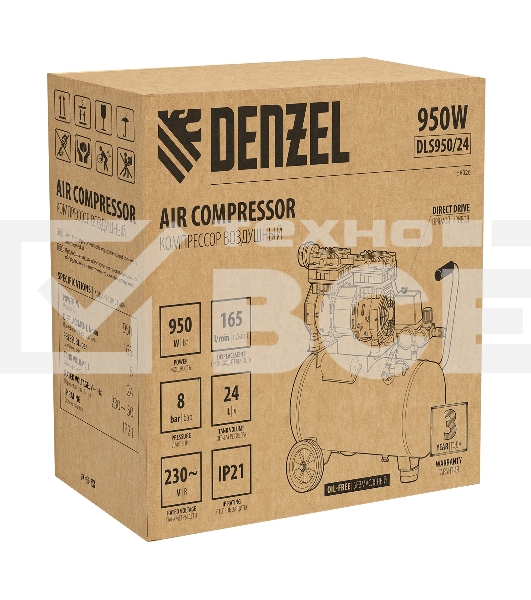 Компрессор DLS950/24 безмаслянный малошумный  950 Вт, 165 л/мин,ресивер 24 л  Denzel