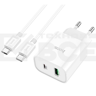 Блок питания (сетевой адаптер) HOCO C80A Plus с кабелем Type-C-Type-C, QC3.0, 20W, белый