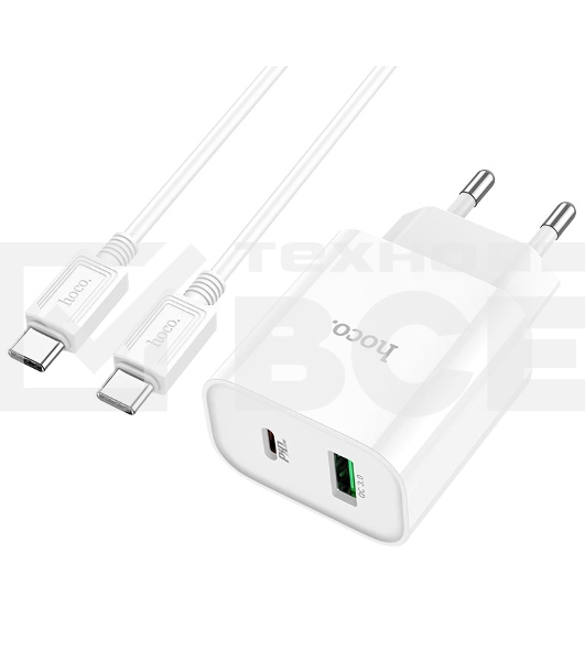 Блок питания (сетевой адаптер) HOCO C80A Plus с кабелем Type-C-Type-C, QC3.0, 20W, белый