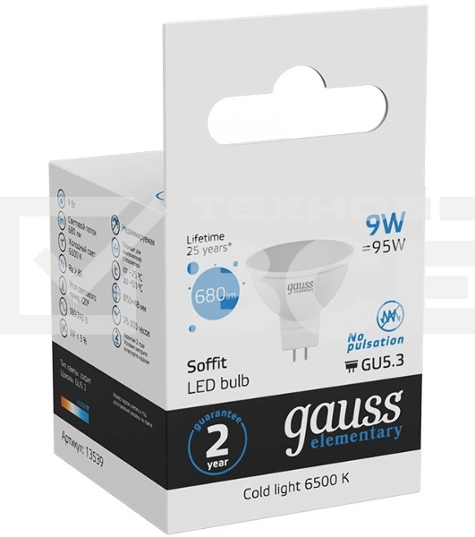 Лампа светодиодная Gauss Elementary MR16 9Вт цок.:GX5.3 спот 220B 6500K св.свеч.бел.хол. MR16 (упак.:10шт) (13539)