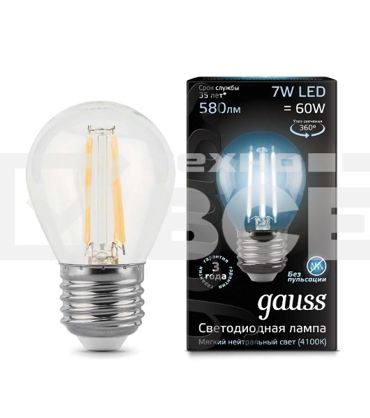 Светодиодная лампа GAUSS 105802207 LED Filament Шар E27 7W 580lm 4100K 1/10/50